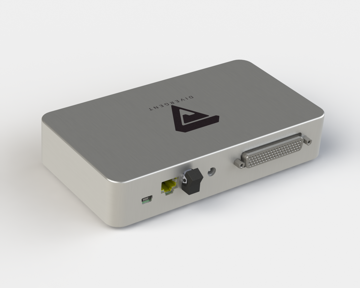 Back view of the PiezoDAQ.
From left to right: USB mini B port, Ethernet port, power switch, power port,
D-Sub 78 connector for acquisition channels.